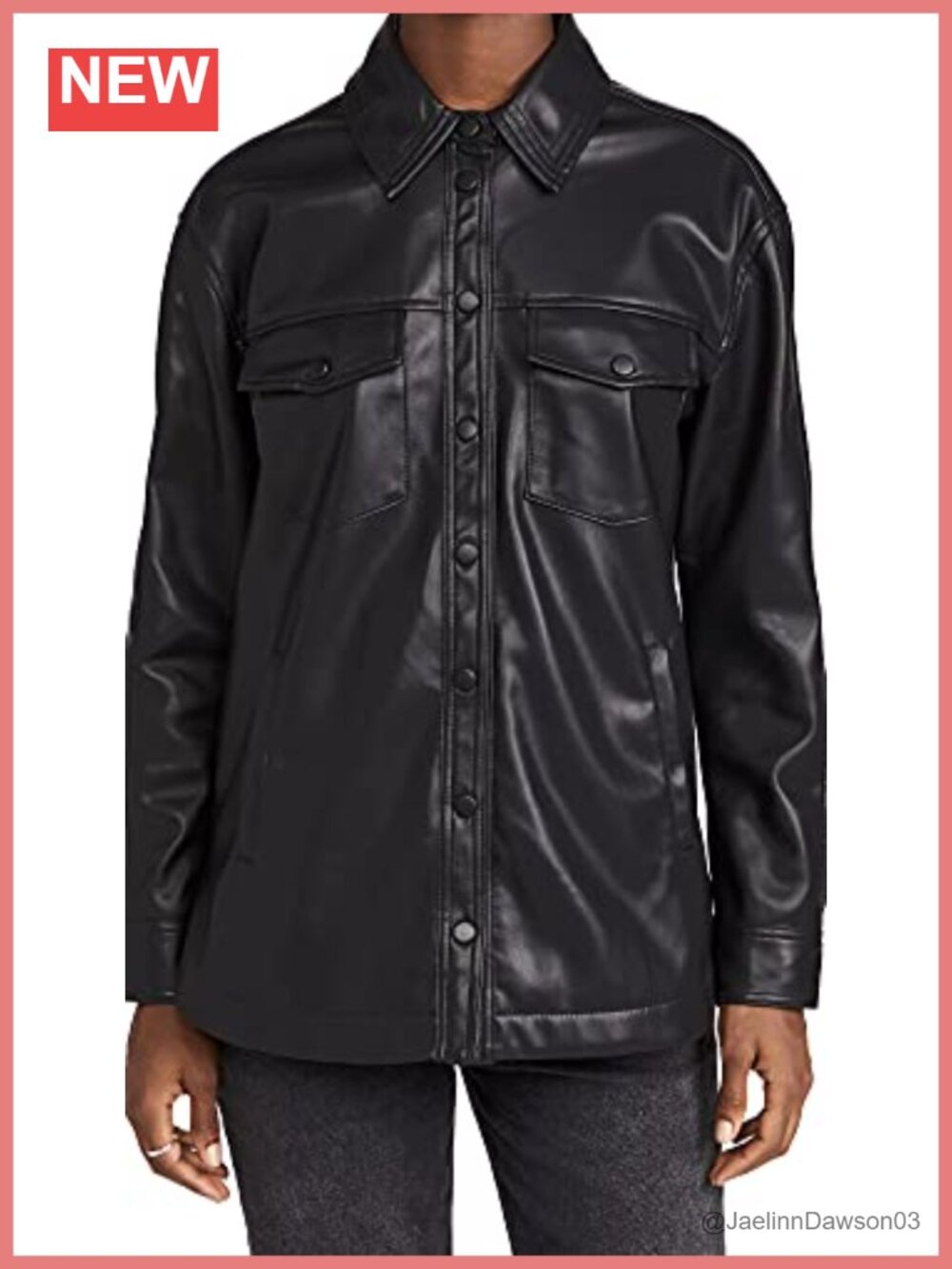 Vegan Leather Shirt Jacket Collared Snap Front Long Sleeve